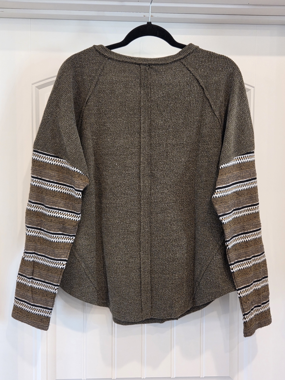 Olive Knit Crew with Striped Pattern Sleeves - Picture 2 of 7